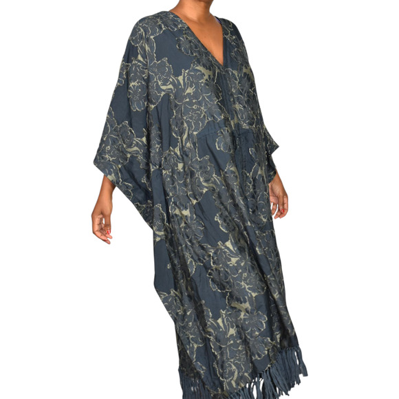 Billy Reid Jacquard Kaftan Dress Blue Long Oversized Caftan Fringe Medium Large - Picture 3 of 16